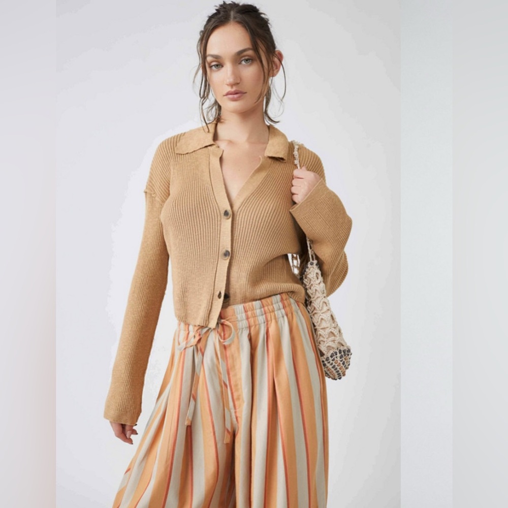 Free People Tan Ribbed Button-Up Cropped Cardigan
